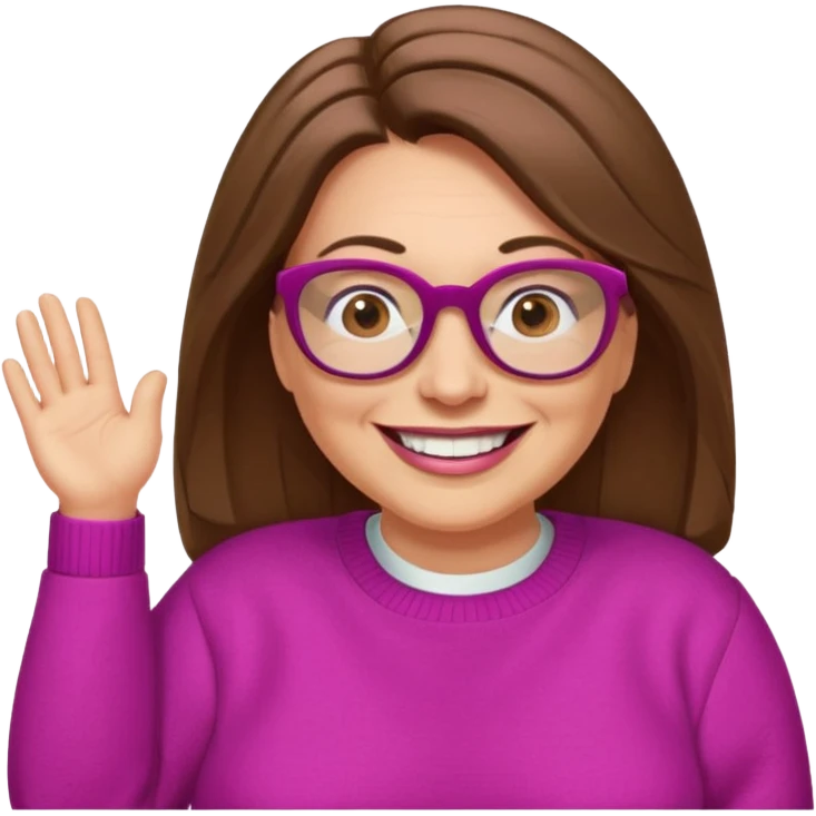 50 yr Caucasian woman, long brown hair parted on side, brown eyes, glasses, big smile, white teeth, fuscia sweater, chubby emoji