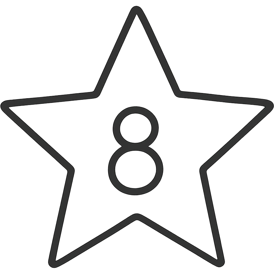 hand-drawn outline style five-pointed star with the number 8 centered inside, black outlined icon, no color emoji