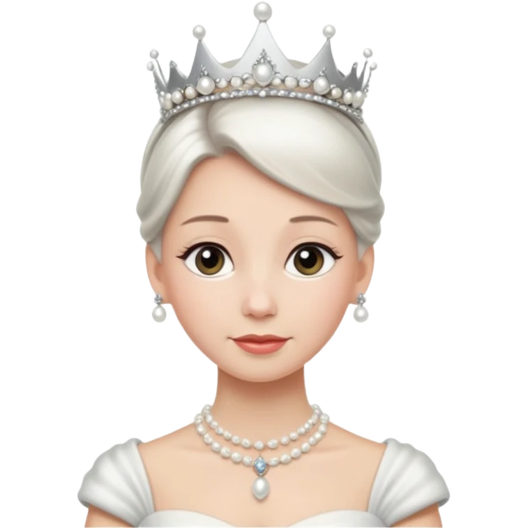 Queen with white bun hair – silver tiara, pearl necklace, elegant gown emoji