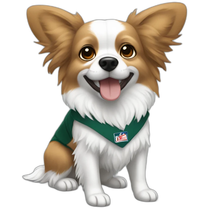papillon dog white short hair with light brown ears smiling wearing eagles afl shirt emoji