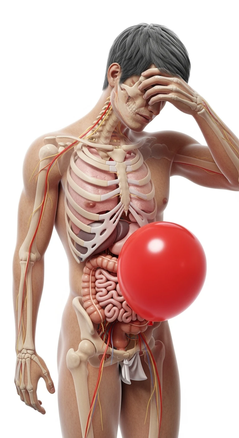 corpo umano anatomico realistico con spina dorsale anatomica in evidenza e palloncino rosso sulla pancia, si tiene una mano sulla fronte disperata per la pancia gonfia, iperrealistica 4k, isolato su sfondo bianco emoji