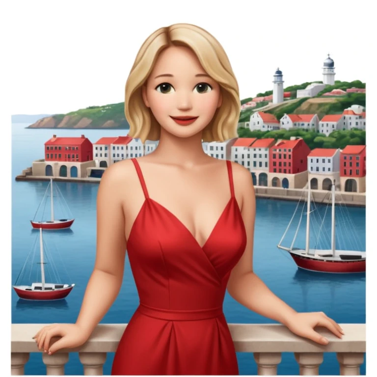 jennifer lawrence, red dress leaning on a balcony with a harbor and cityscape in the background, smiling, closeup emoji