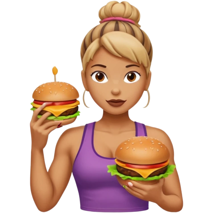strong lean woman with visible strong abs eating a burger emoji