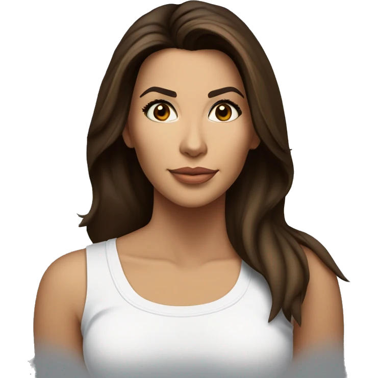 3/4 face, contrasted, shadow, light, Eva Longoria expression, standing from a distance, thin nose, brunette woman, hazel eyes, long eyelashes, dark shoulder shaded hair, white t-shirt, jeans, white sneakers emoji