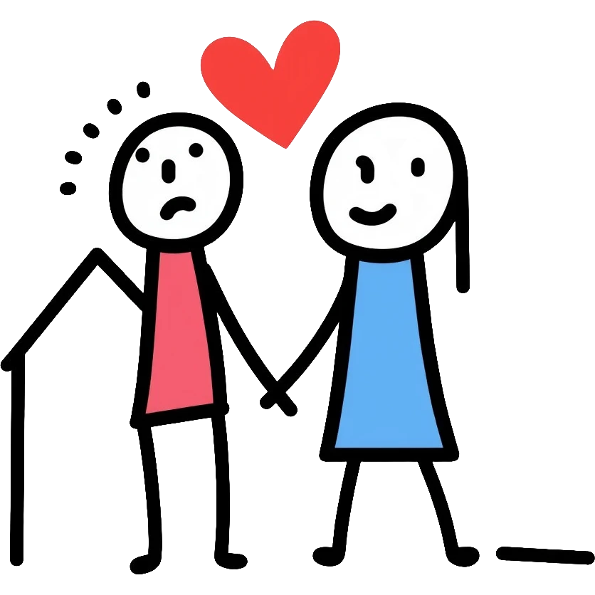 Two simple figures holding hands in front of a house with a heart surrounding them, Keith Haring style with bold lines and simple colors emoji