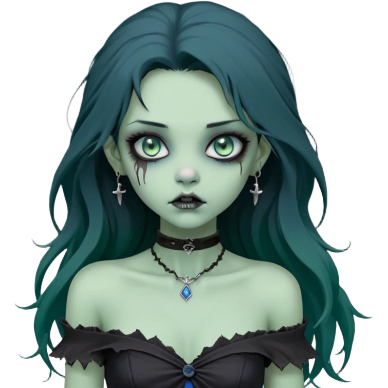 a soft, doll-like zombie girl with light sage green skin and big blue-green eyes, long black hair that swoops gently at the ends, a tiny silver nose stud and a delicate eyebrow piercing on the left side. she’s wearing an off-the-shoulder black top that shows her collarbones, emoji