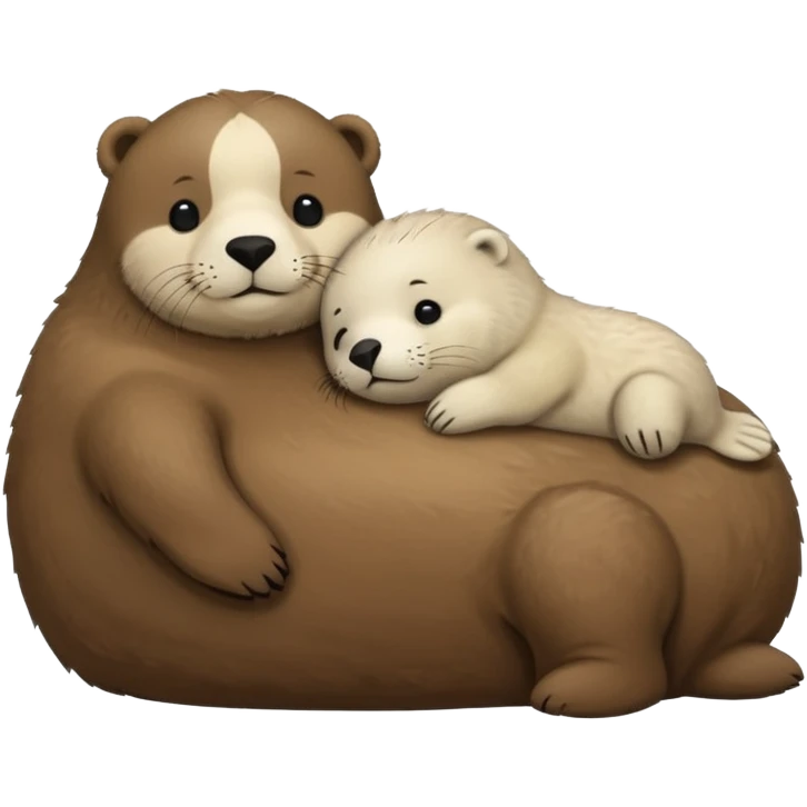 tiny white seal laying on a big brown bear’s belly emoji