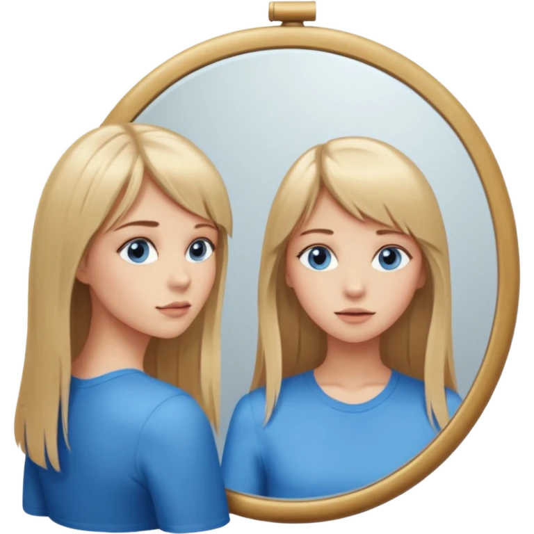young woman with long straight dirty blonde hair, side bangs, and blue eyes. She is admiring herself in a mirror emoji