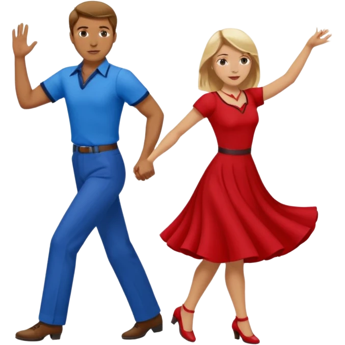 Two people. Man wearing all  RED with brown hair. Women  ALL blue with blond hair. Swing Dancing.  emoji