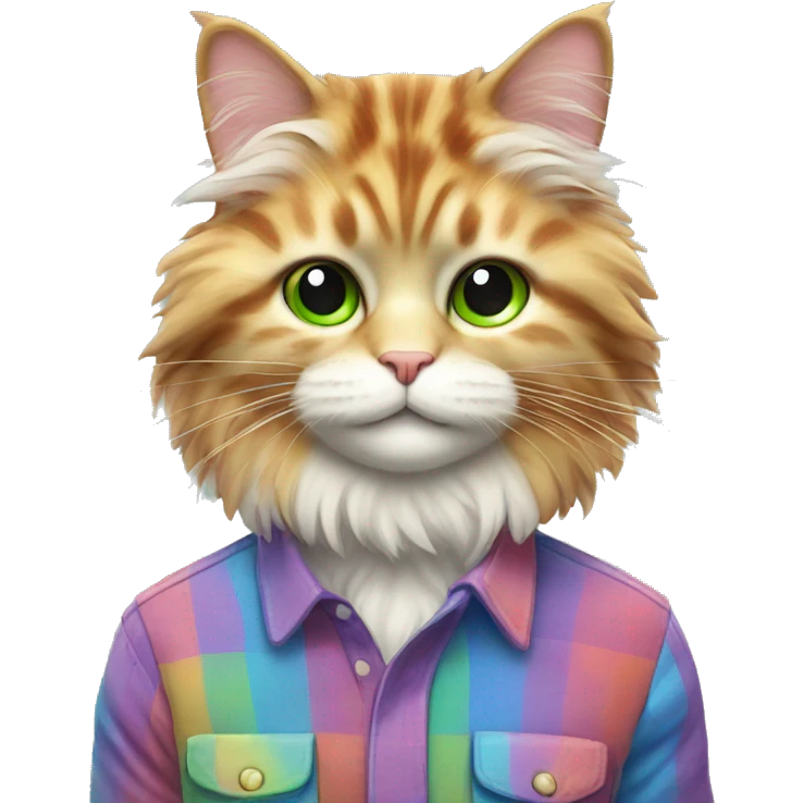 fluffy colorful rainbow cat in a checkered shirt emoji