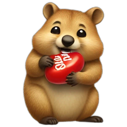 a cute quokka eating a large red peanut M&M emoji