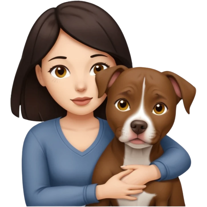 A woman with dark hair and brown eyes is hugging a ball over brown pitbull femail dog with golden eyes with cropped ears  emoji