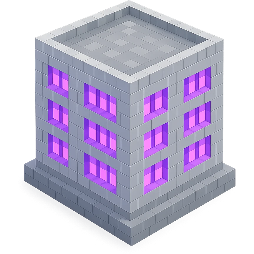 Russian panel apartment building, modernized square block, light gray, ultraviolet glowing windows, isometric view emoji