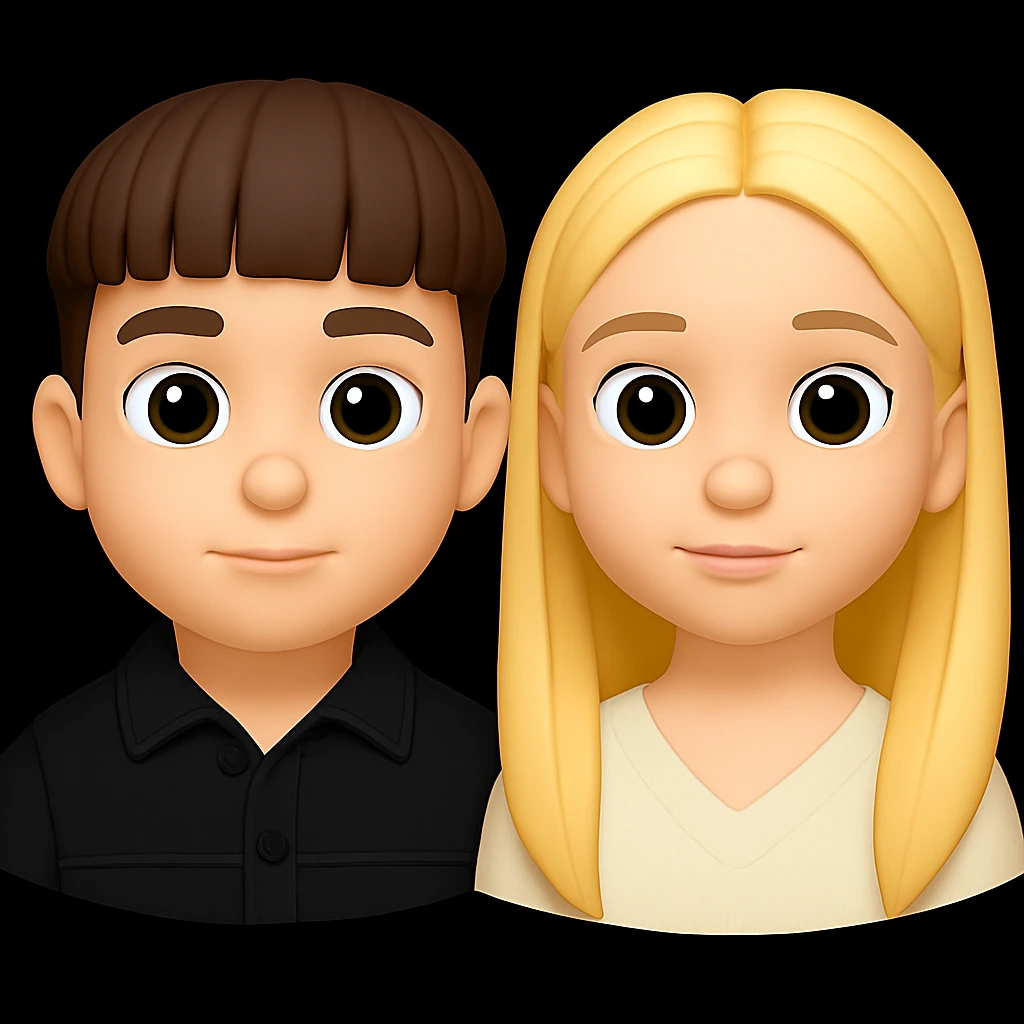Create 3D emojis of a boy and a girl with large eyes in a cartoonish 3D style, neutral facial expressions, matching the style of the provided examples. emoji