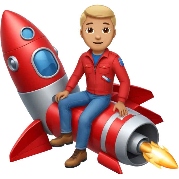 man with red clothes and blue yeanse. sitting on a rocket emoji