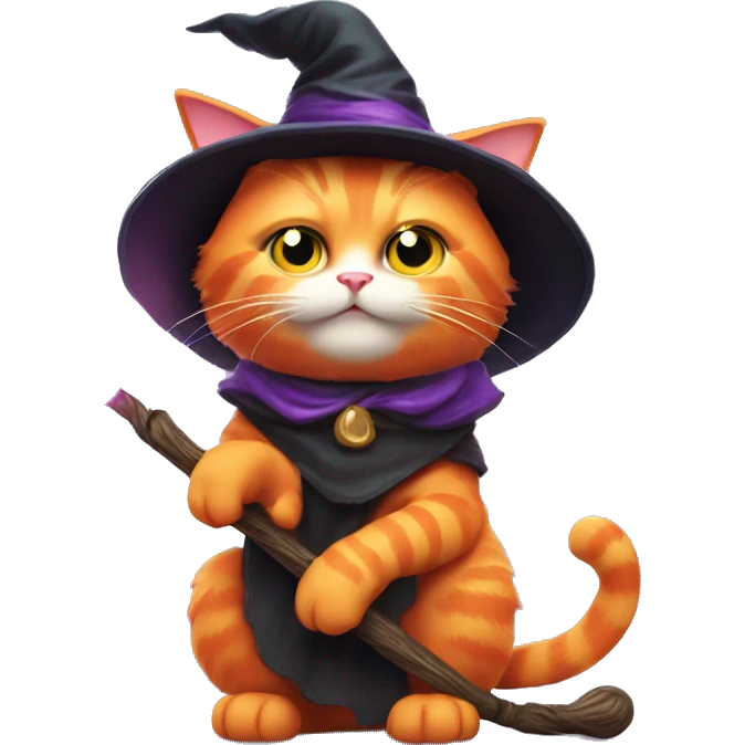 orange cat with witch hat and wand casting a spell emoji