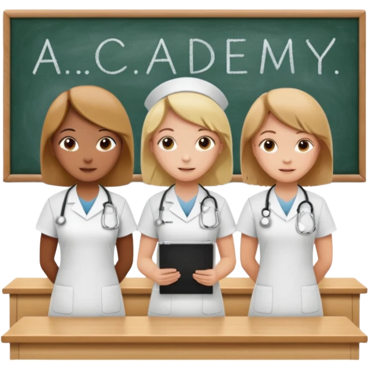 nurses in a classroom, "Academy" written in white on board emoji