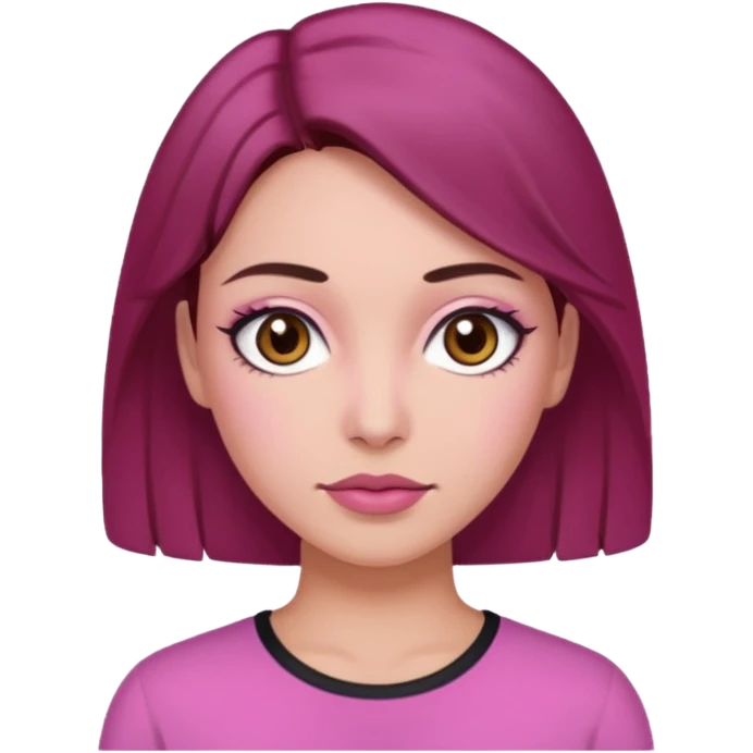 Woman with pink all skin, white background, dark brown hair and hazel eyes and brown eyebrows emoji