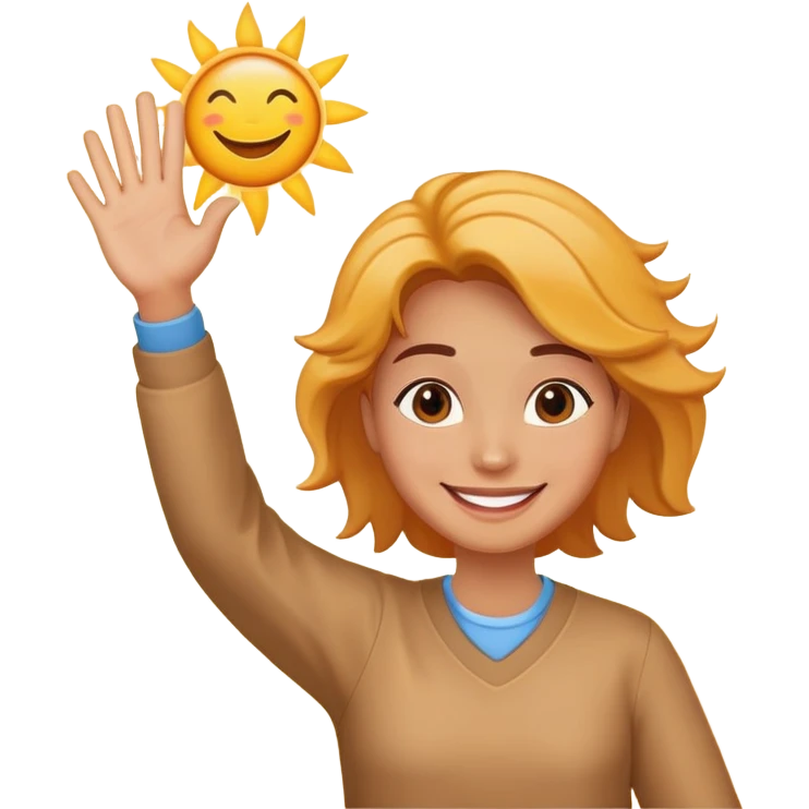a person waving and saying good morning, sun rising in background, cheerful and friendly emoji