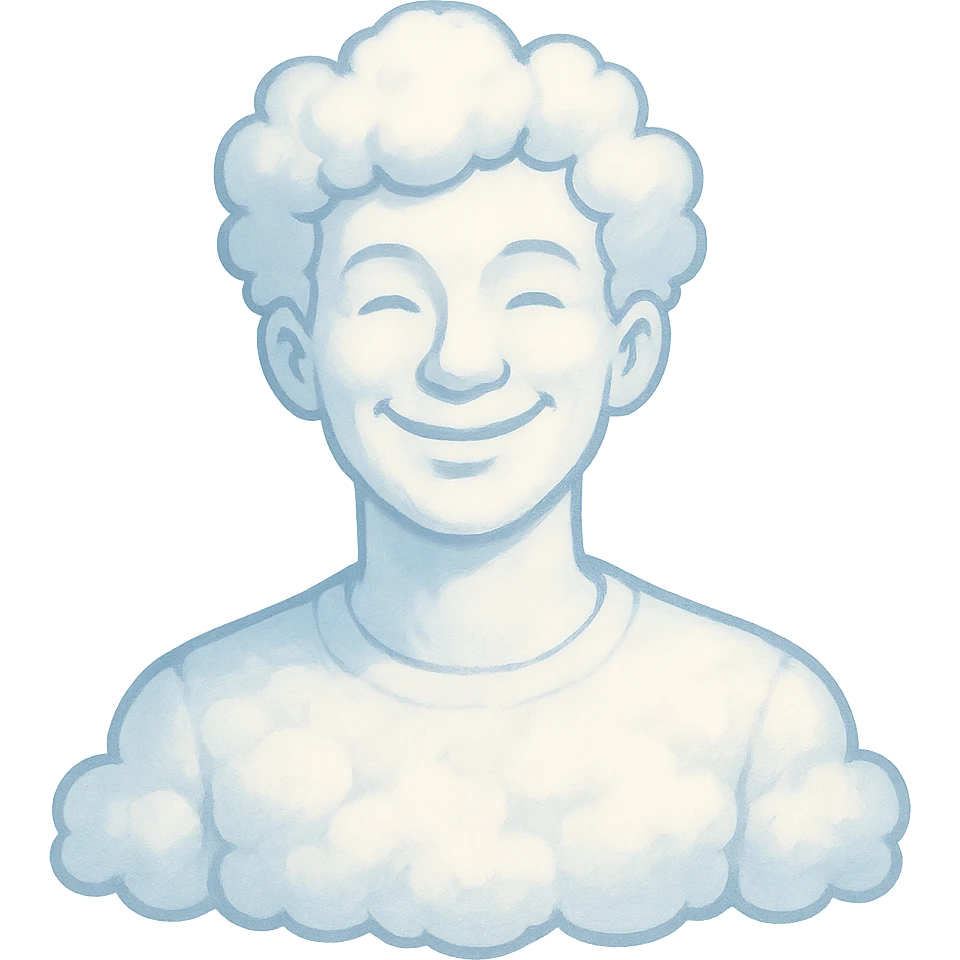 bright and recognizable person from shoulders, front view, composed of cloud shapes similar to reference clouds, no text emoji