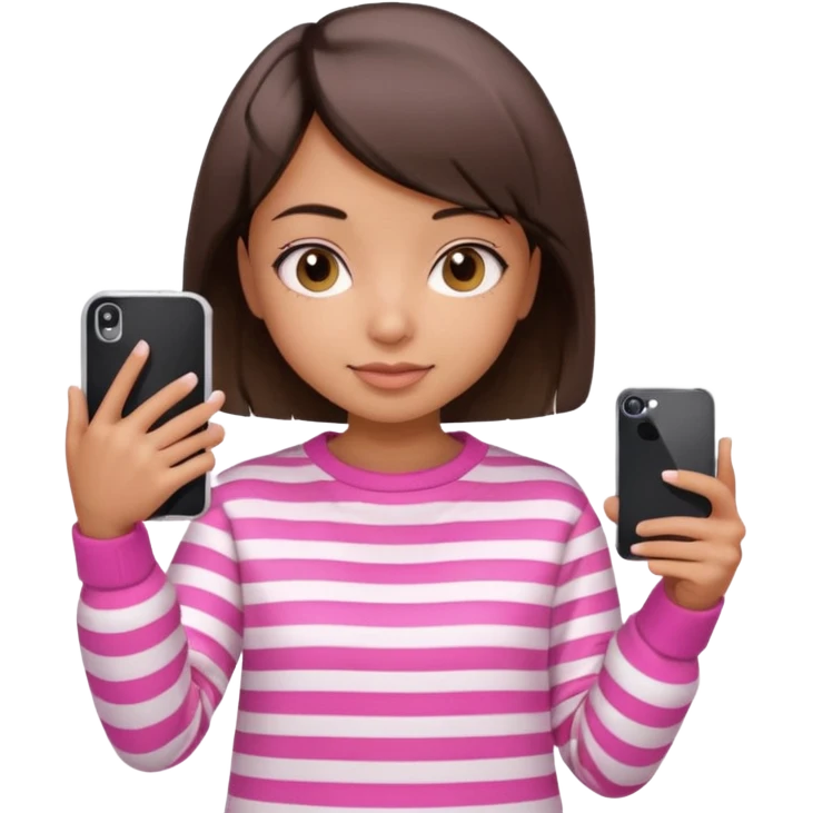 Emoji of a cute 3D girl with short dark brown bob hairstyle, wearing a pink and white striped sweatshirt. She is holding a phone and taking a selfie, white background.

 emoji