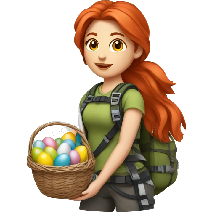 Female mountain climber red hair with Greek flag and holding Easter eggs basket emoji