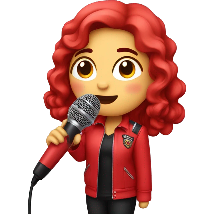rosalía with a red biker uniform and holding a microphone emoji