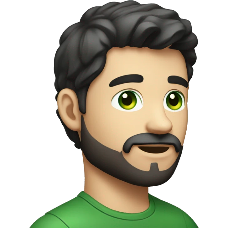 Handsome man with dark hair, gradient short hair on the side, green eyes. Talking and thin face. Black t-shirt. A little beard. emoji