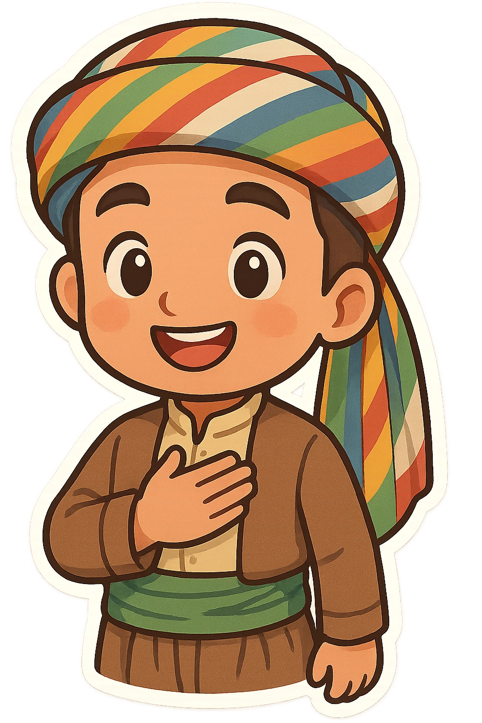 cartoon sticker of a Kurdish man in traditional clothing, hand on chest (salute) pose, open smile, colorful and cheerful, no text, suitable for WhatsApp and Instagram emoji