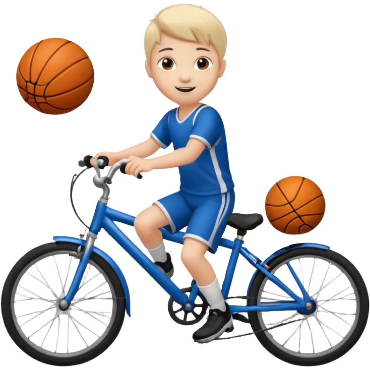 A child on a bicycle, with a soccer ball and a basketball nearby emoji