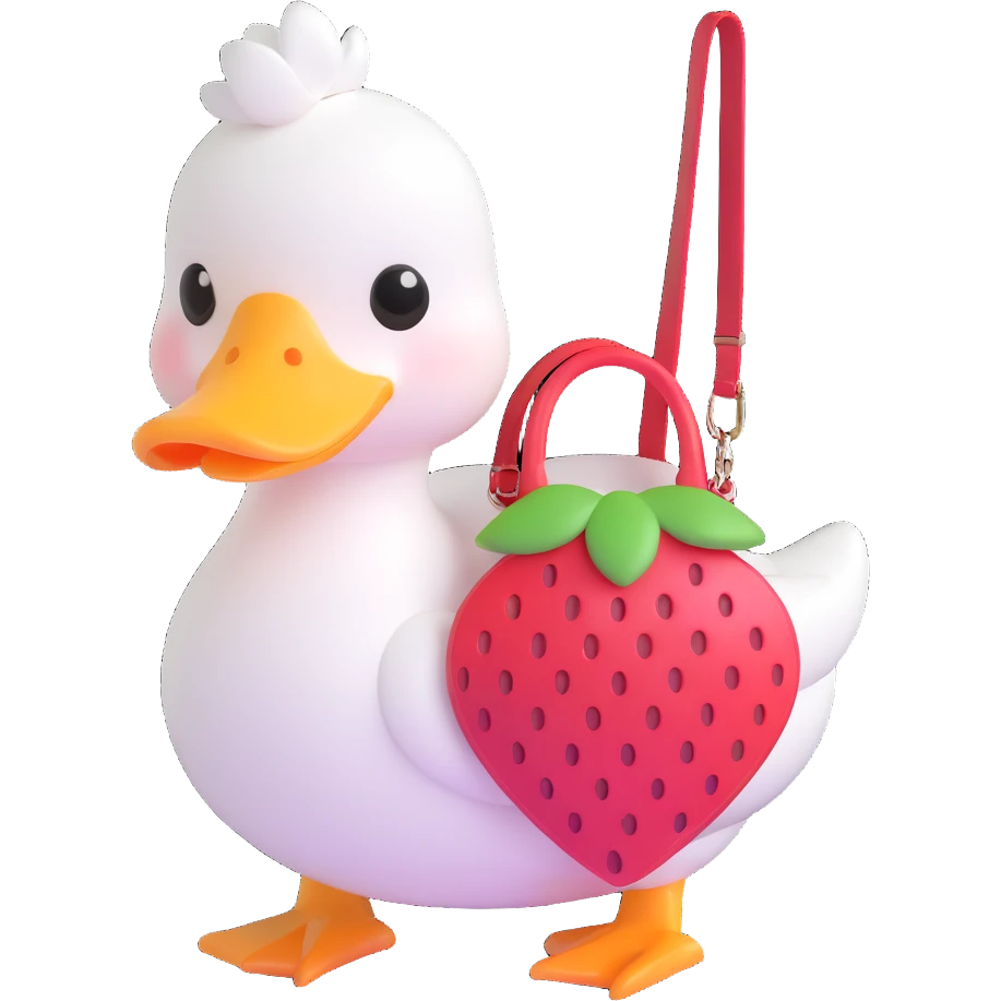 cute white duck with a strawberry-shaped shoulder bag, 3D kawaii style, pastel colors, big shiny eyes, soft lighting, chibi look emoji