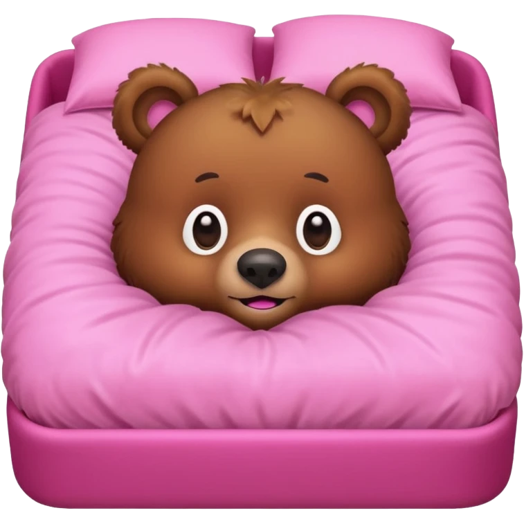 A brown bear in a pink bed, upside down and looking at the viewer with a quirky expression. emoji