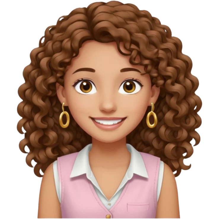 chica un poco morena (no demasiado), pelo rizado largo, sonriendo, con ojos grandes y marrones con camisa rosa palo y un chaleco blanco y aretes dorados en forma de circulo en sus orejas  emoji