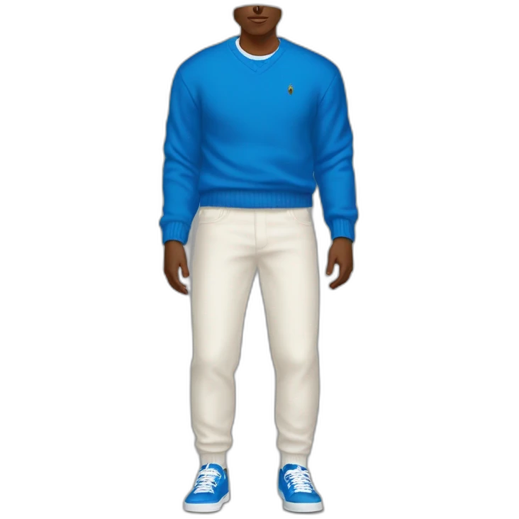 brown guy wearing a ralph lauren blue sweater with an italian white pant and old bape sneakers emoji