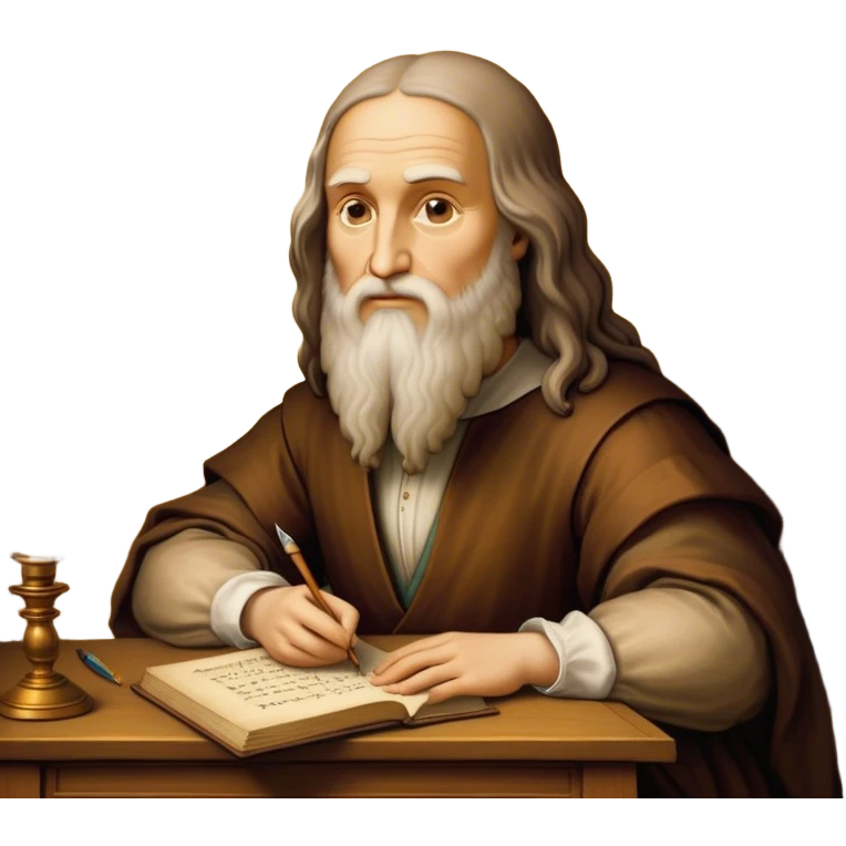 Cinematic Realistic Leonardo da Vinci Portrait Emoji, depicted as the quintessential Renaissance polymath with deep, thoughtful eyes, a flowing beard, and a quill or sketchbook in hand. The scene is illuminated with warm, classical lighting, evoking the atmosphere of a master artist’s workshop, surrounded by early sketches of inventions and masterpieces like the Mona Lisa. emoji