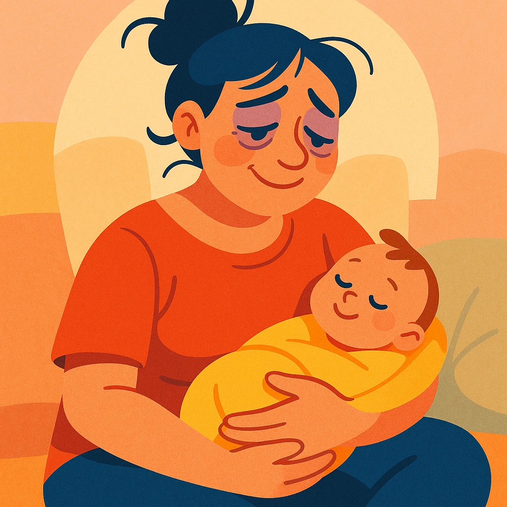 postpartum woman, tired but happy, hair tied up, comfortable clothes, soft ambiance, expressive illustration style emoji