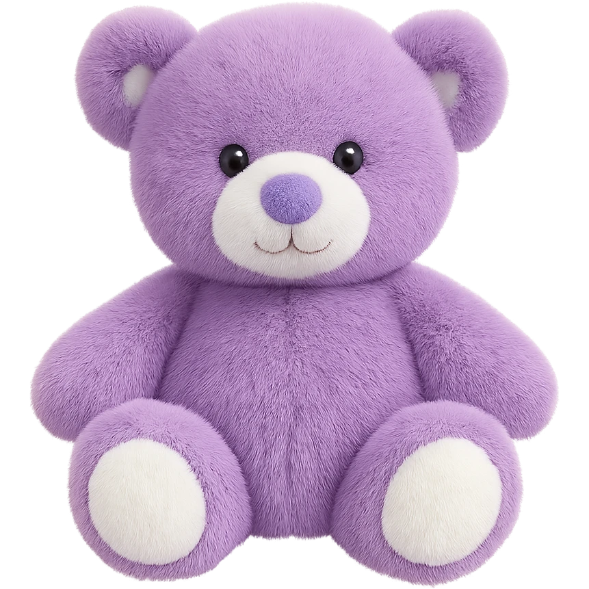 Change the teddy bear's fur to purple and white, keep it soft and plush, no shadows, flat lighting, no background. Remove the background completely to isolate the subject. emoji