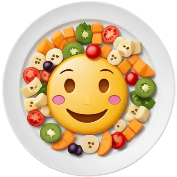 plate with small pieces of food and a smiling face, clear and cute emoji