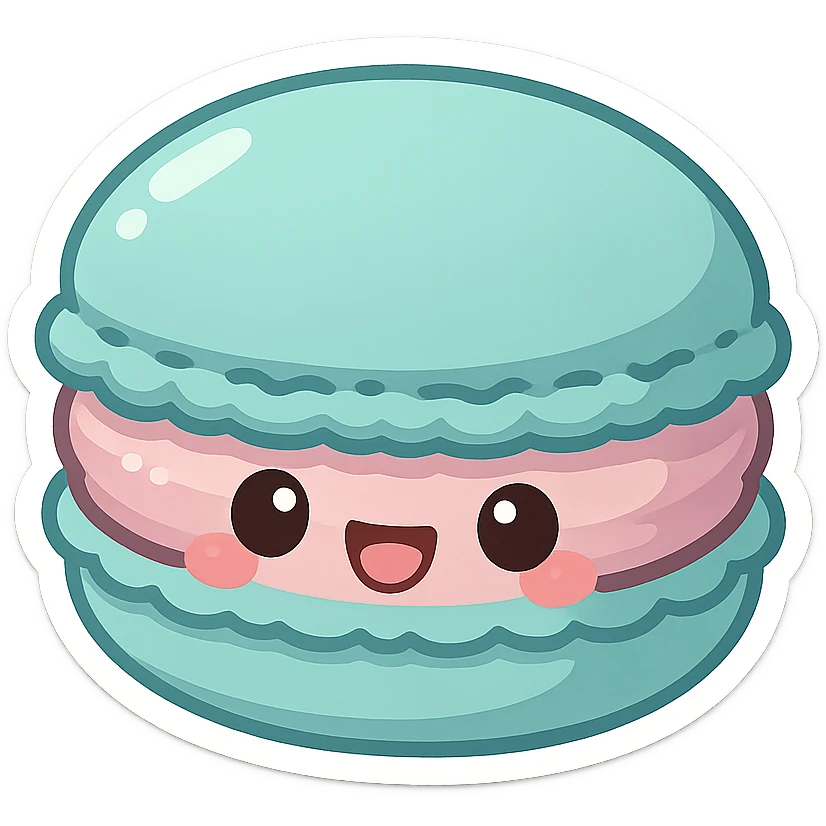 chibi sticker-style macaron with a smiling face, cute and exaggerated emoji