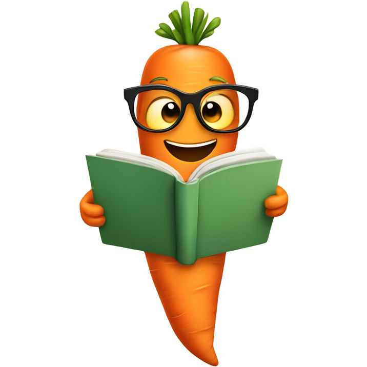 carrot reading a book with a smart look emoji