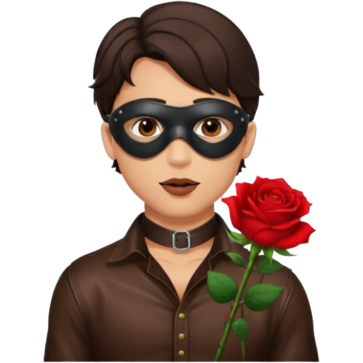 brunette young adult man with leather eye mask and leather halter neck blouse, holding rose with his mouth emoji
