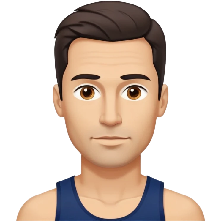 Youthful-looking athletic 40-year-old man with light brown skin, elongated face, defined jawline, attractive features, medium dark eyes, arched eyebrows, straight nose, confident expression, medium wavy dark hair with modern style, wearing a navy blue tank top emoji
