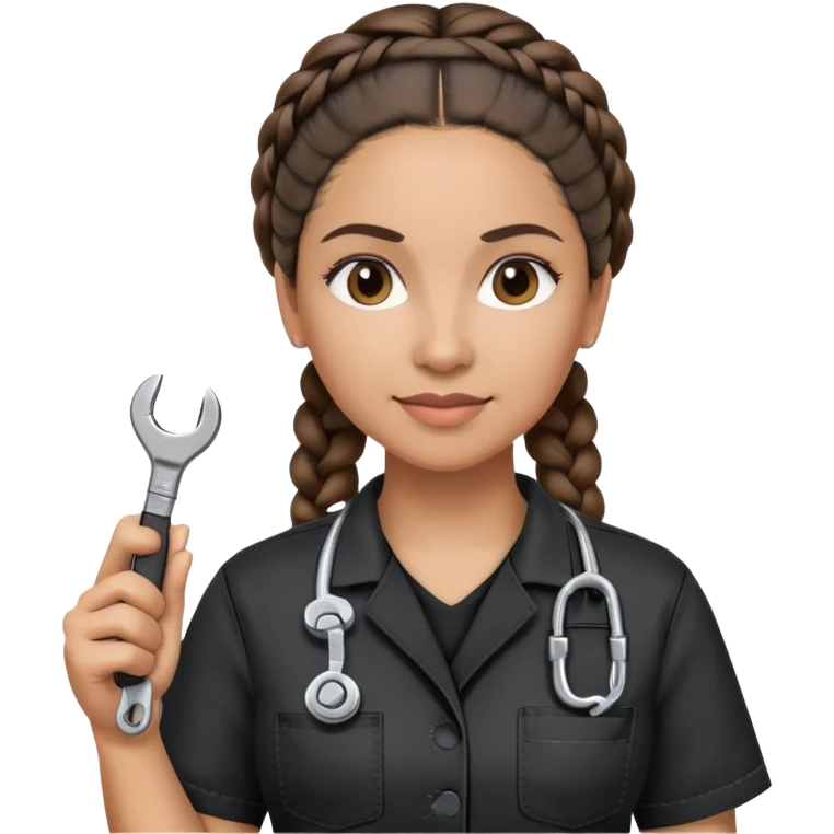 A 40-year-old Latina woman with light brown skin, working as a car mechanic, wearing all black mechanic scrubs, with two braids pulled back from her head emoji