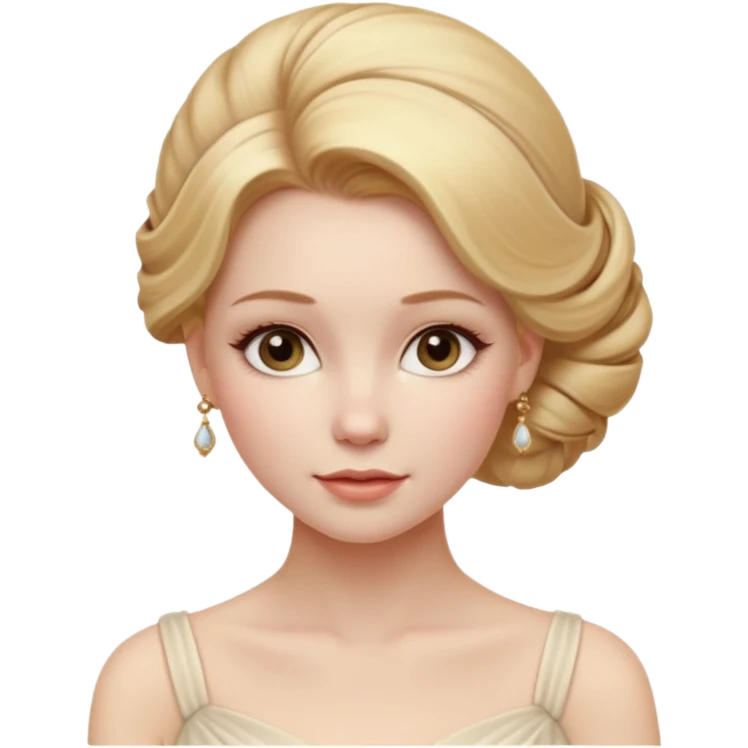 Cinematic Realistic Rococo Portrait, depicted with lifelike skin texture, subtle rosy undertones, and soft natural lighting that enhances the gentle contours of her face. Her intricately detailed golden blonde hair is elegantly styled in an updo, emoji