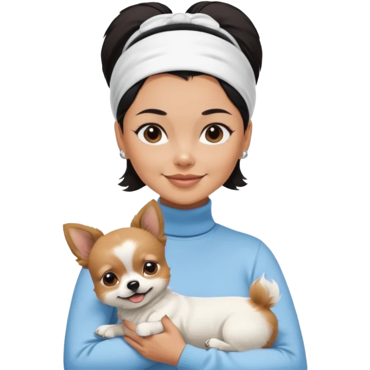 tan skin woman, with short black hair in a slicked back ponytail with forehead showing, with white headband, wearing solid pastel blue turtleneck shirt, smiling carrying dark brown-white furry fuzzy chihuahua pomeranian dog emoji