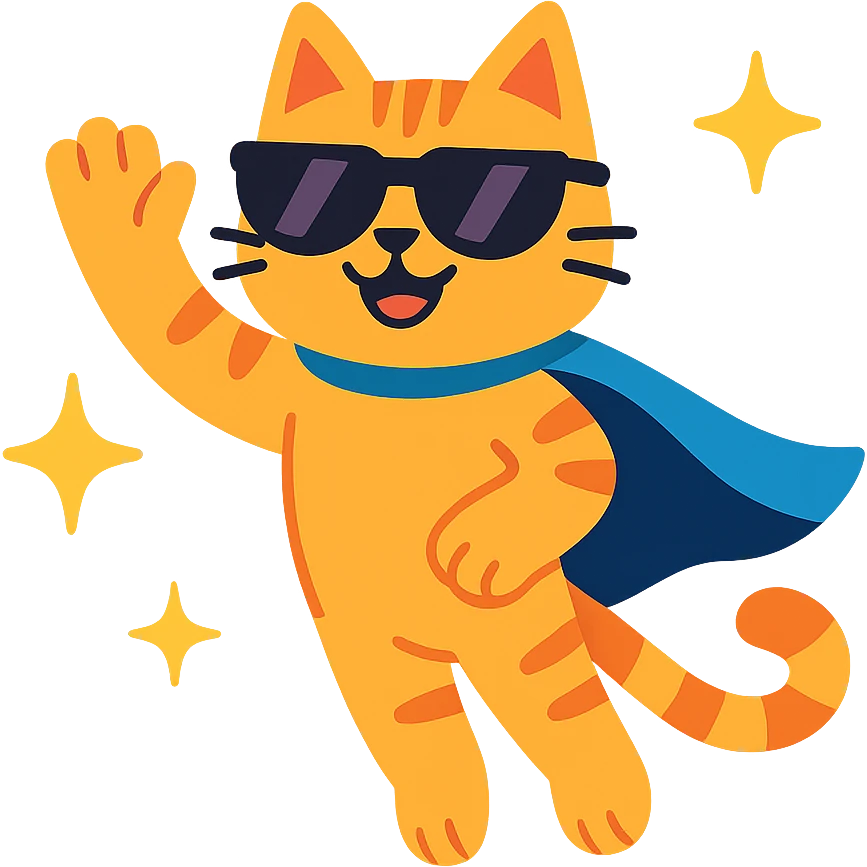 cool flying cat in sunglasses, waving and surrounded by sparkles to express thanks emoji