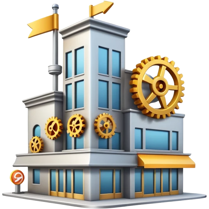 restaurant building with gears and an upward arrow, emoji symbolizing engineering and growth in restaurant industry emoji