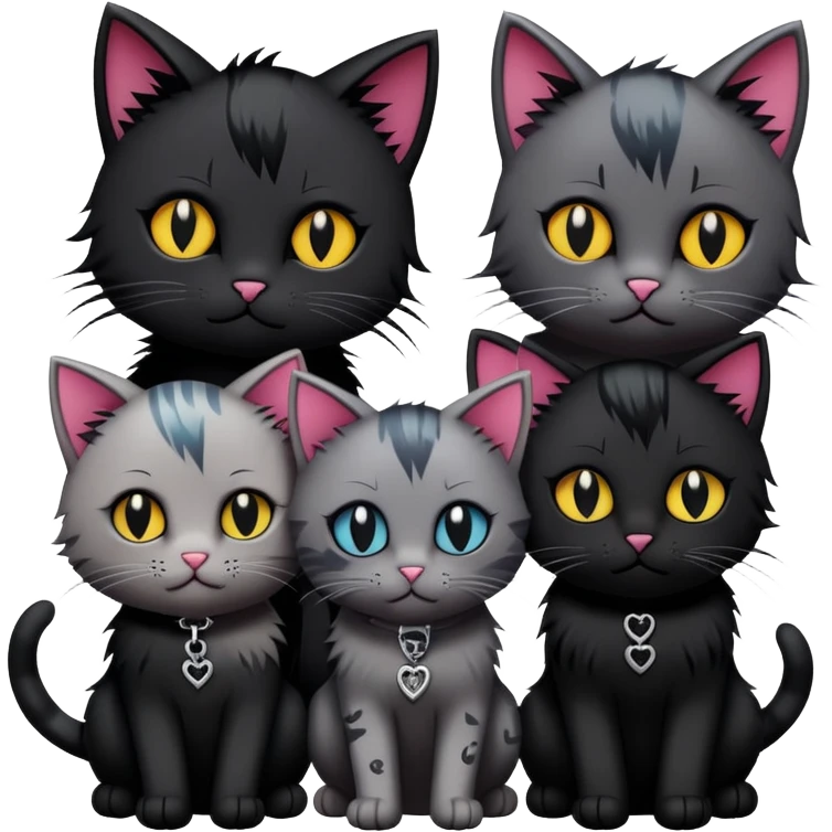three emo cats in love with tattoos and cool hair, plus five emo kittens emoji