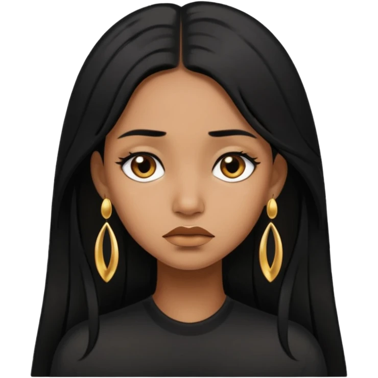 brown girl who has long layered black hair with gold stud earrings  who is sad emoji