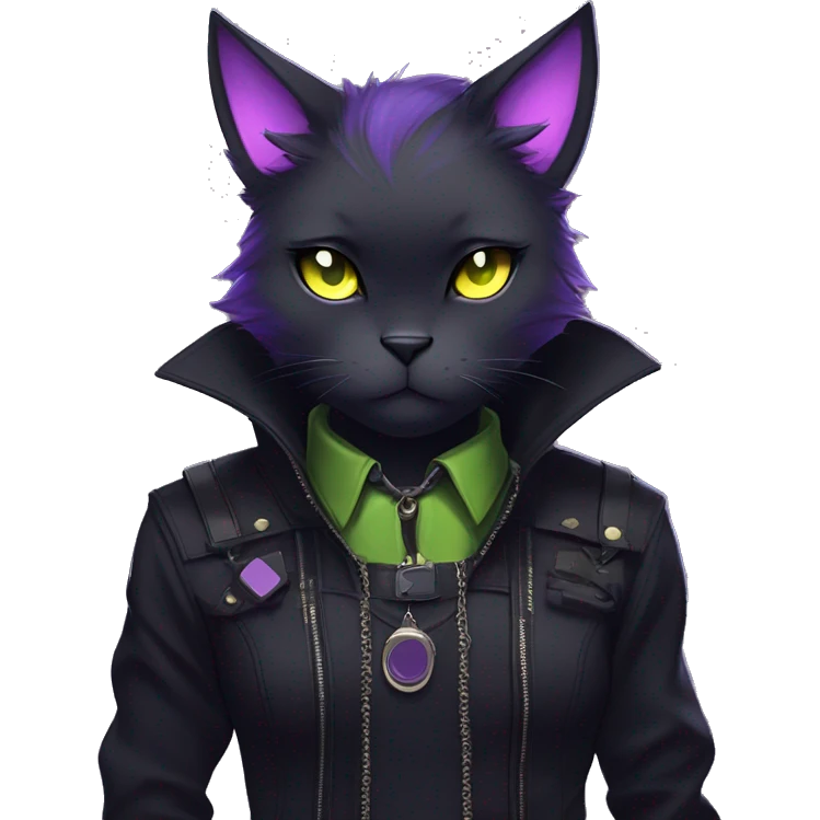 Gorgeous furry gothic dark techwear anime style anthro black cat furry sona Fakemon with blushing face yellow-green eyes aesthetic and pretty edgy black with violet collar and harness trending style emoji